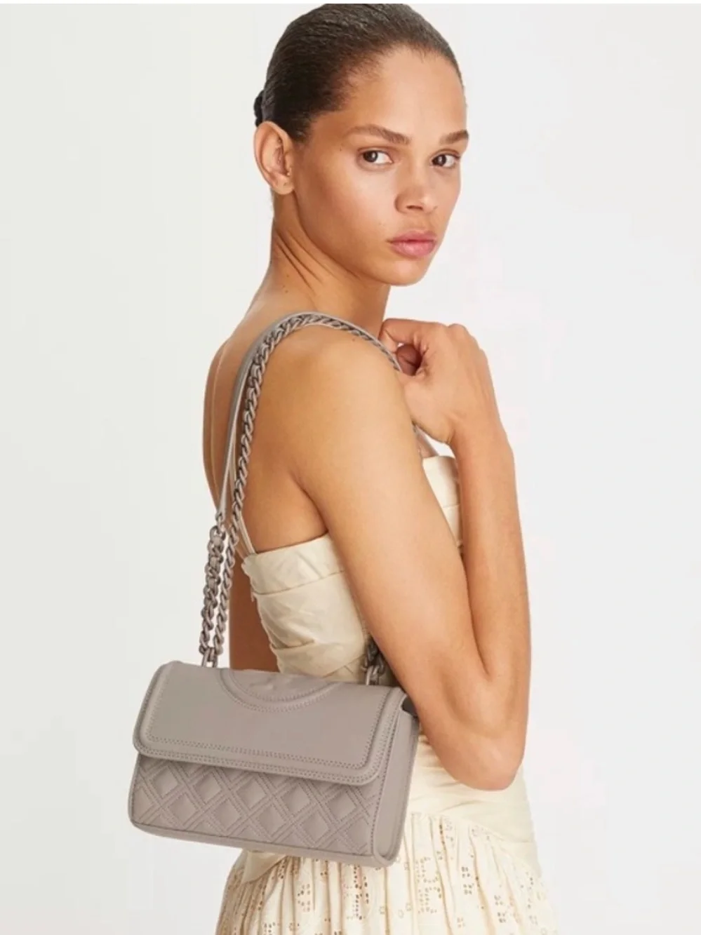 Tory Burch Fleming Small Quilted Leather Convertible Shoulder Bag in Taupe